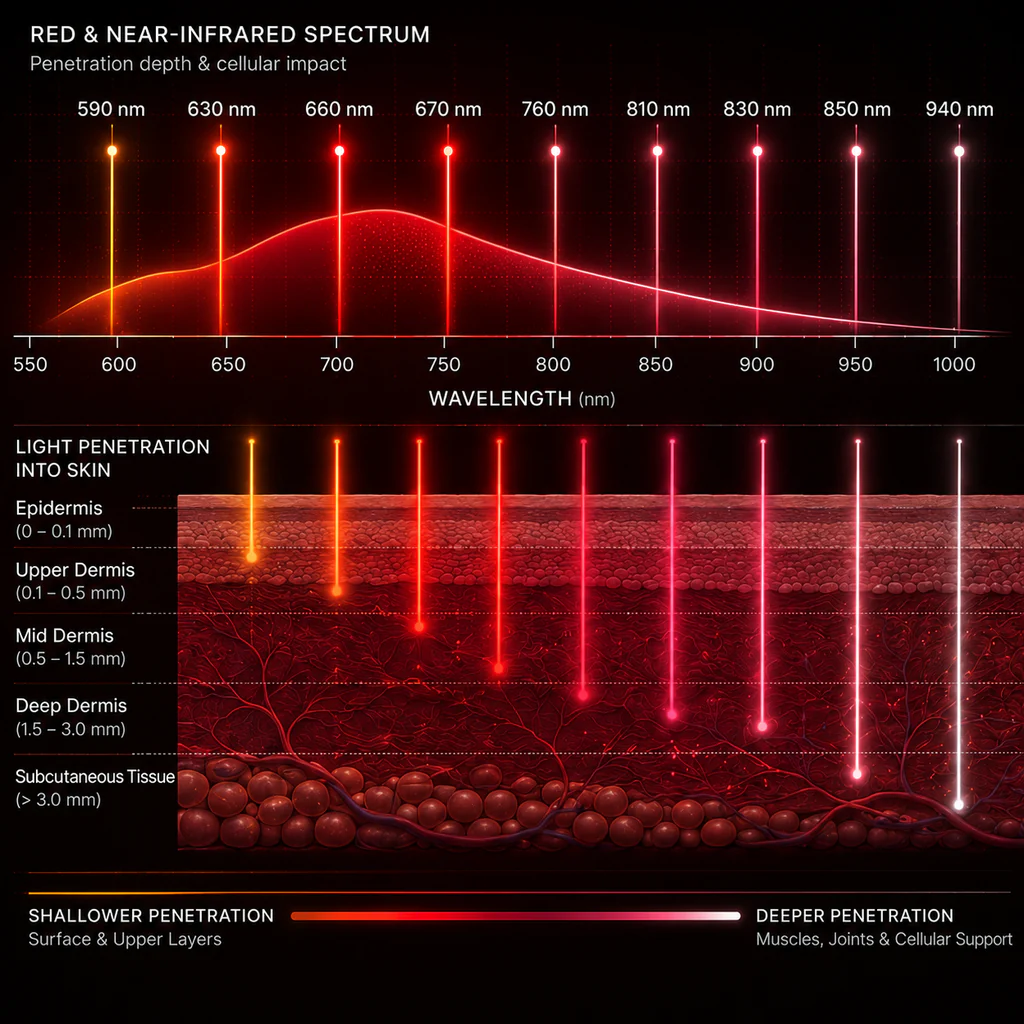 Red and near-infrared spectrum chart showing wavelength penetration depth into skin layers